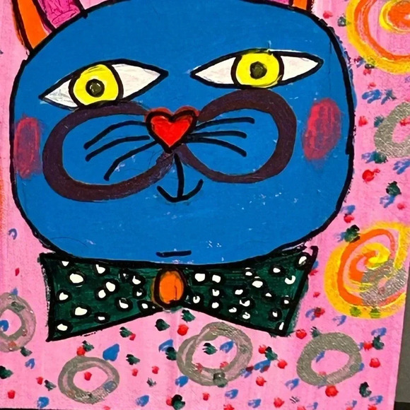 Cat Painting On Wood Nursery Pink Pop Art 9 X 7.5 Whimsical Swirls Dots Fun - Picture 7 of 15